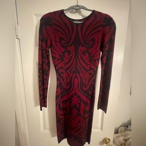 Red and navy patterned knit dress